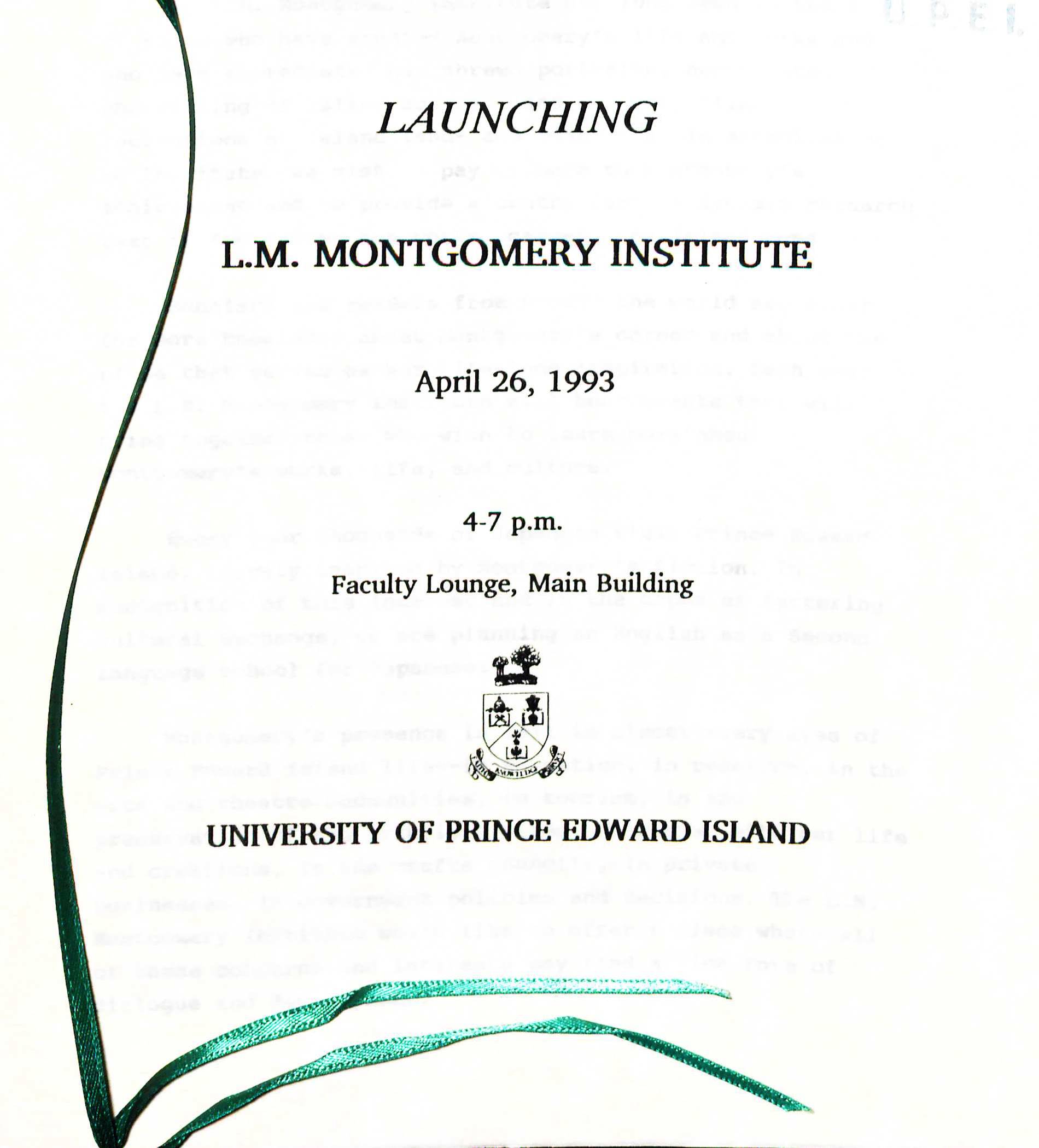 Program for the Launch of the L.M. Montgomery Institute